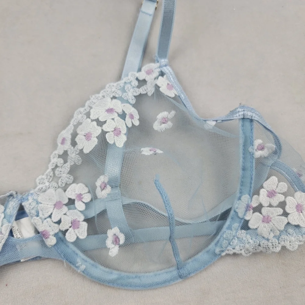 Sheer caged embroidered flower underwire bra Size XL - Picture 2 of 4